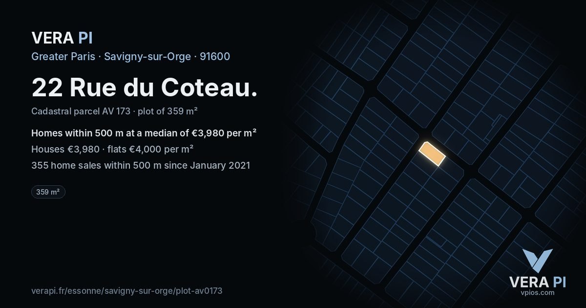 22 Rue du Coteau, Savigny-sur-Orge at night – the plot lit, the parcels around coloured by the prices near them