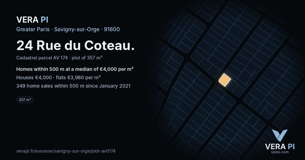 24 Rue du Coteau, Savigny-sur-Orge at night – the plot lit, the parcels around coloured by the prices near them