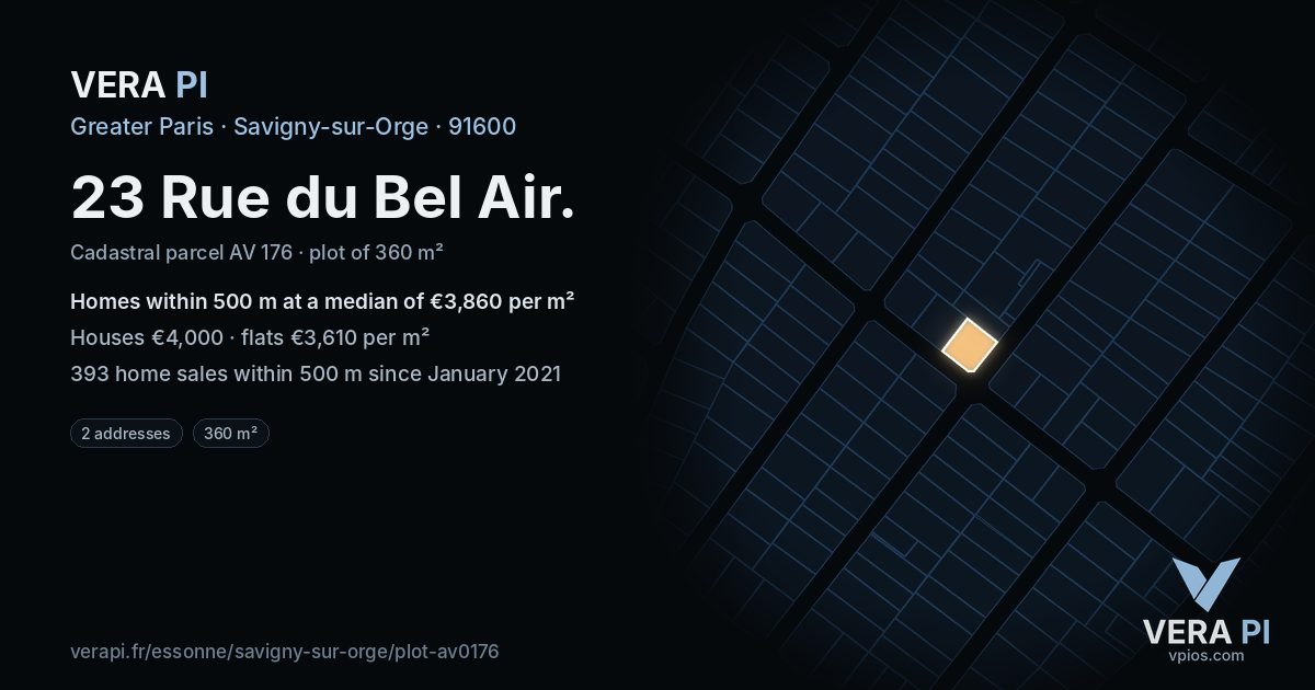 23 Rue du Bel Air, Savigny-sur-Orge at night – the plot lit, the parcels around coloured by the prices near them