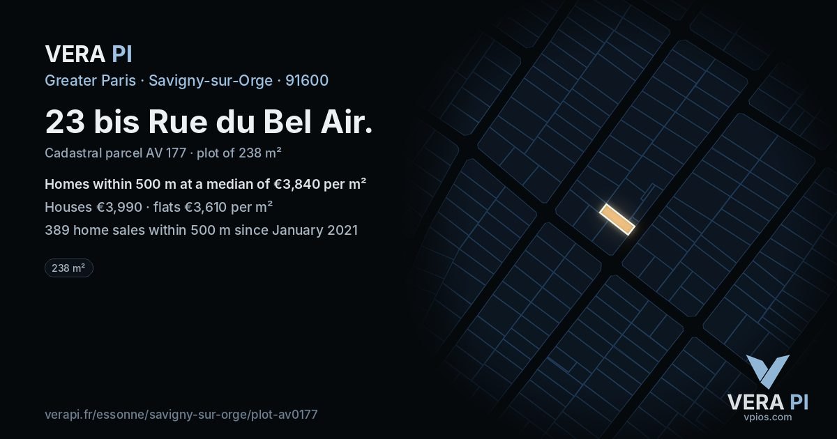 23 bis Rue du Bel Air, Savigny-sur-Orge at night – the plot lit, the parcels around coloured by the prices near them