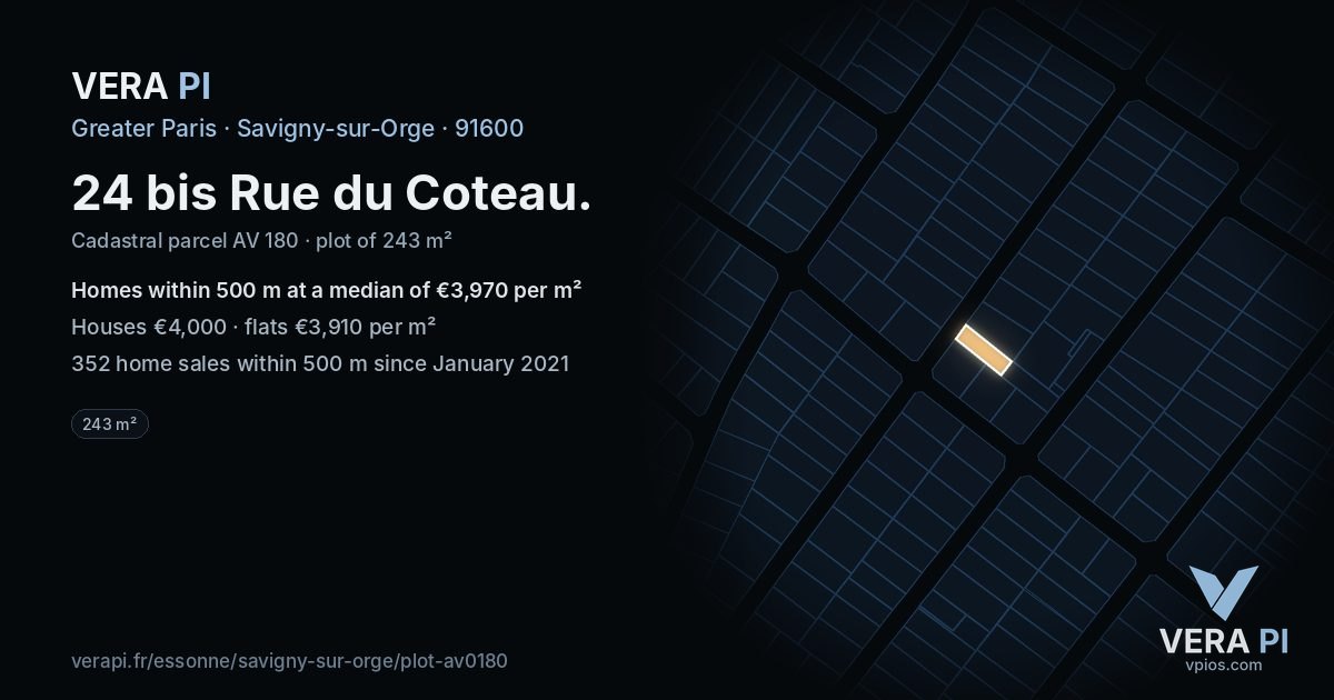 24 bis Rue du Coteau, Savigny-sur-Orge at night – the plot lit, the parcels around coloured by the prices near them