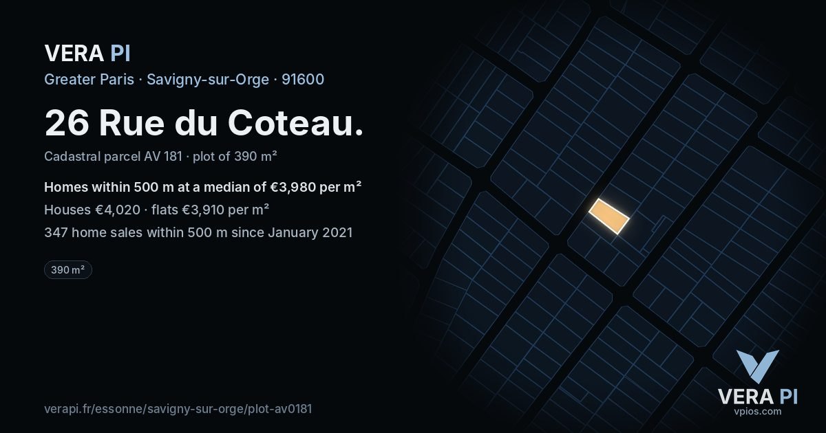 26 Rue du Coteau, Savigny-sur-Orge at night – the plot lit, the parcels around coloured by the prices near them