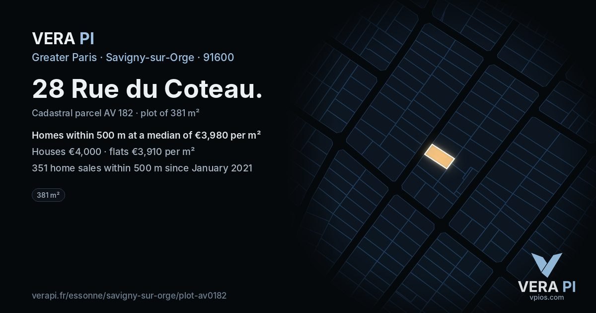 28 Rue du Coteau, Savigny-sur-Orge at night – the plot lit, the parcels around coloured by the prices near them