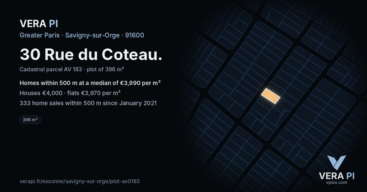 30 Rue du Coteau, Savigny-sur-Orge at night – the plot lit, the parcels around coloured by the prices near them