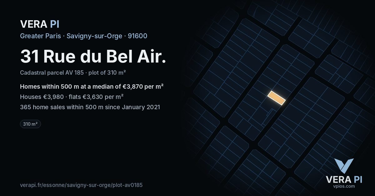 31 Rue du Bel Air, Savigny-sur-Orge at night – the plot lit, the parcels around coloured by the prices near them