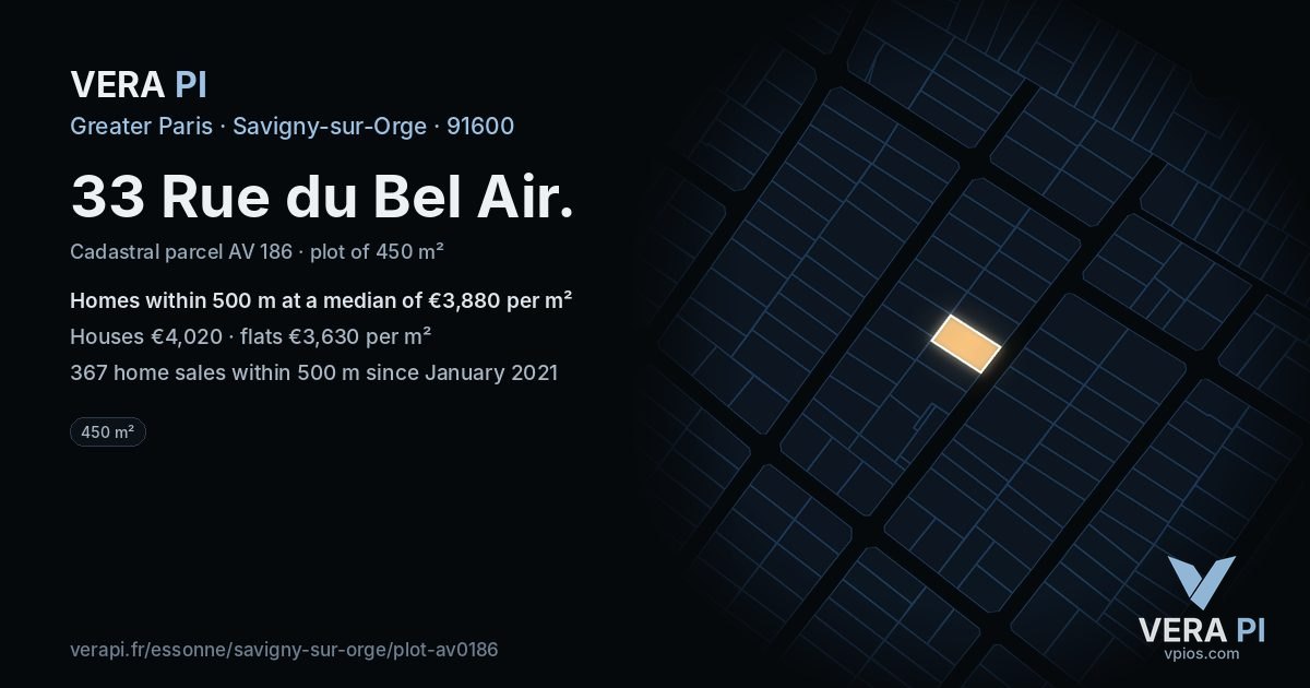 33 Rue du Bel Air, Savigny-sur-Orge at night – the plot lit, the parcels around coloured by the prices near them