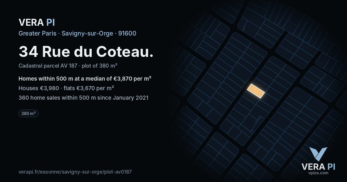 34 Rue du Coteau, Savigny-sur-Orge at night – the plot lit, the parcels around coloured by the prices near them