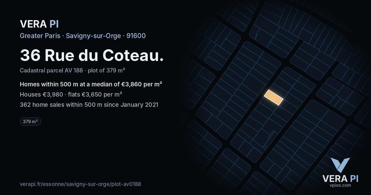 36 Rue du Coteau, Savigny-sur-Orge at night – the plot lit, the parcels around coloured by the prices near them