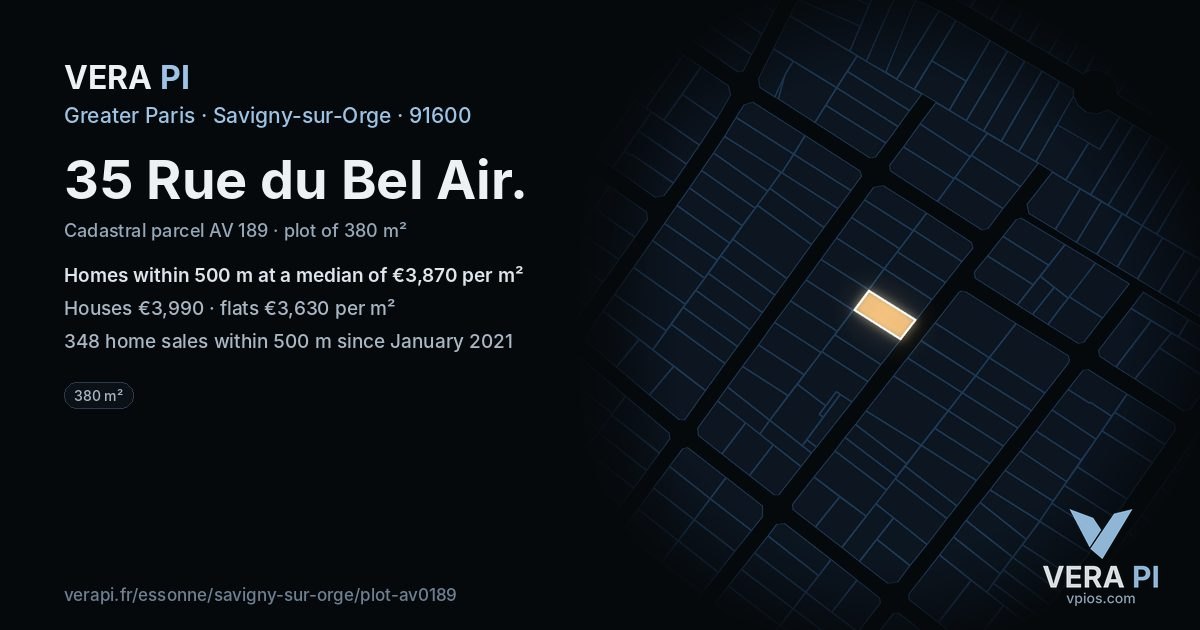 35 Rue du Bel Air, Savigny-sur-Orge at night – the plot lit, the parcels around coloured by the prices near them
