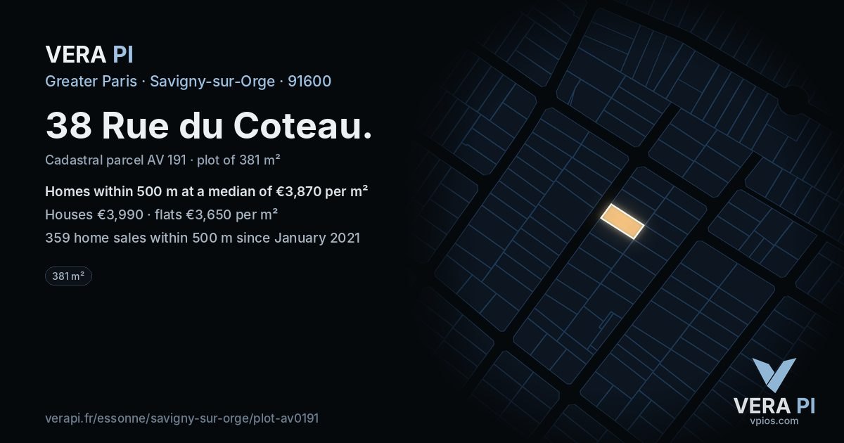 38 Rue du Coteau, Savigny-sur-Orge at night – the plot lit, the parcels around coloured by the prices near them