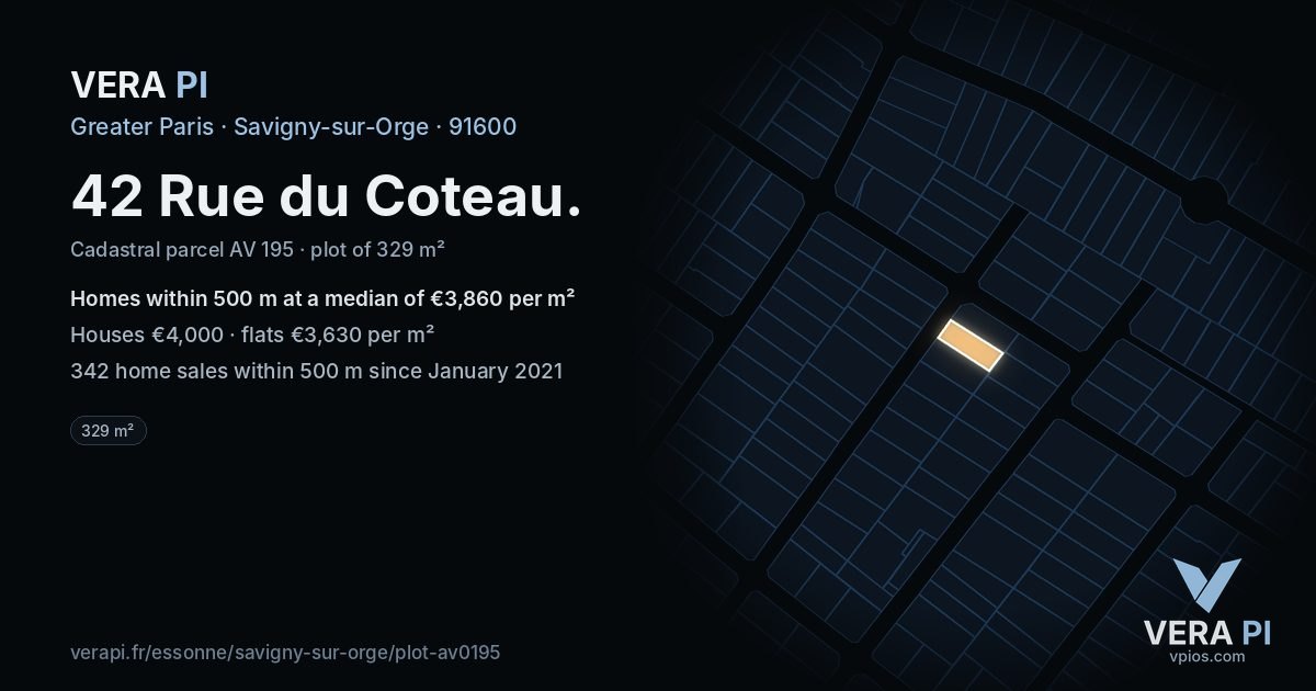 42 Rue du Coteau, Savigny-sur-Orge at night – the plot lit, the parcels around coloured by the prices near them