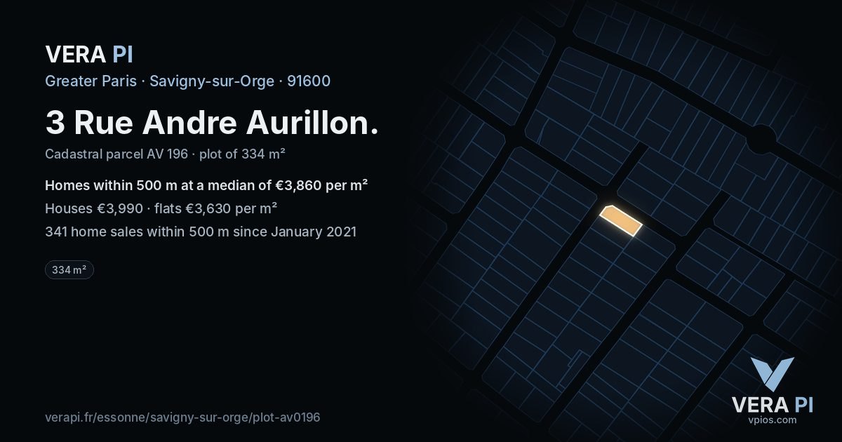 3 Rue Andre Aurillon, Savigny-sur-Orge at night – the plot lit, the parcels around coloured by the prices near them