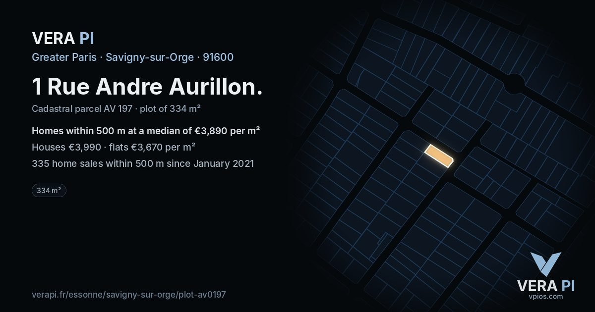 1 Rue Andre Aurillon, Savigny-sur-Orge at night – the plot lit, the parcels around coloured by the prices near them