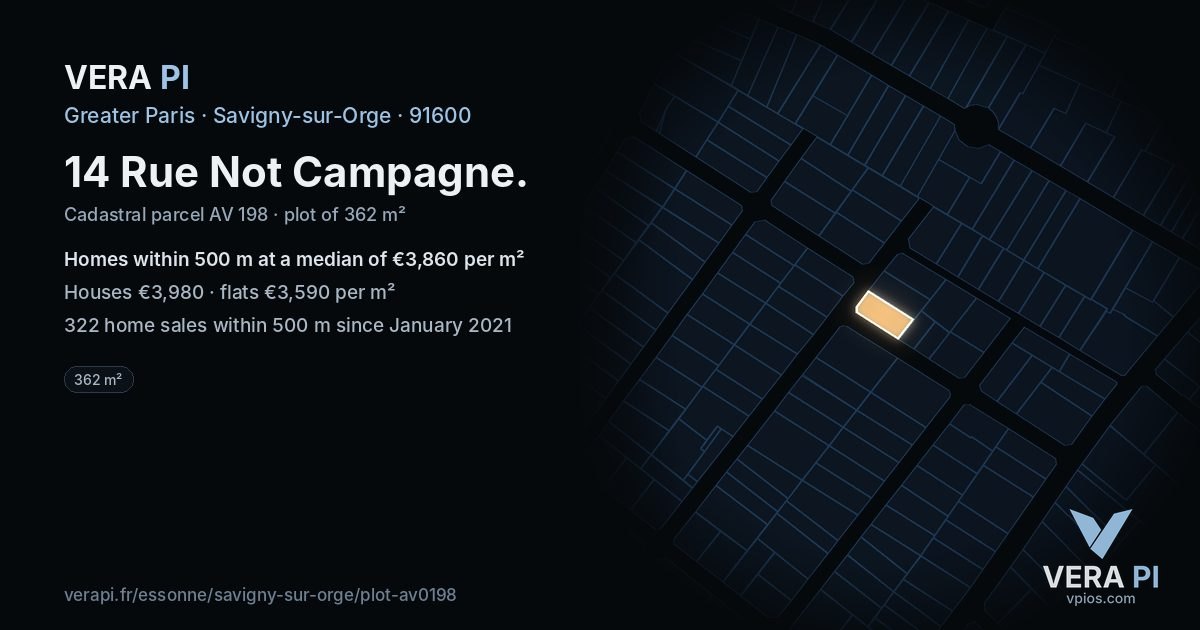 14 Rue Not Campagne, Savigny-sur-Orge at night – the plot lit, the parcels around coloured by the prices near them