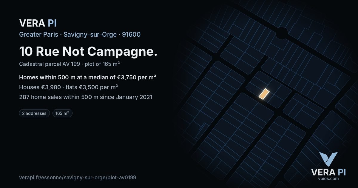 10 Rue Not Campagne, Savigny-sur-Orge at night – the plot lit, the parcels around coloured by the prices near them