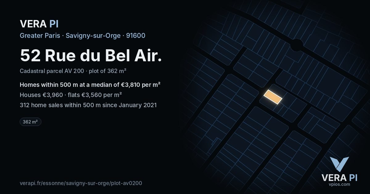 52 Rue du Bel Air, Savigny-sur-Orge at night – the plot lit, the parcels around coloured by the prices near them