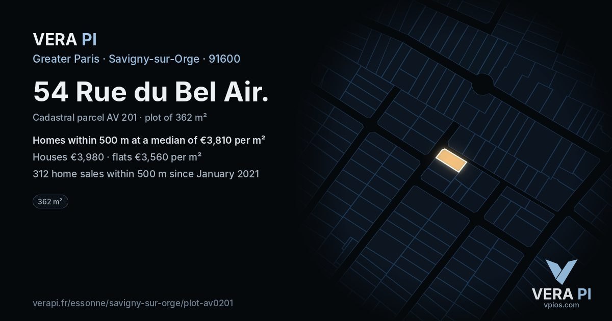 54 Rue du Bel Air, Savigny-sur-Orge at night – the plot lit, the parcels around coloured by the prices near them