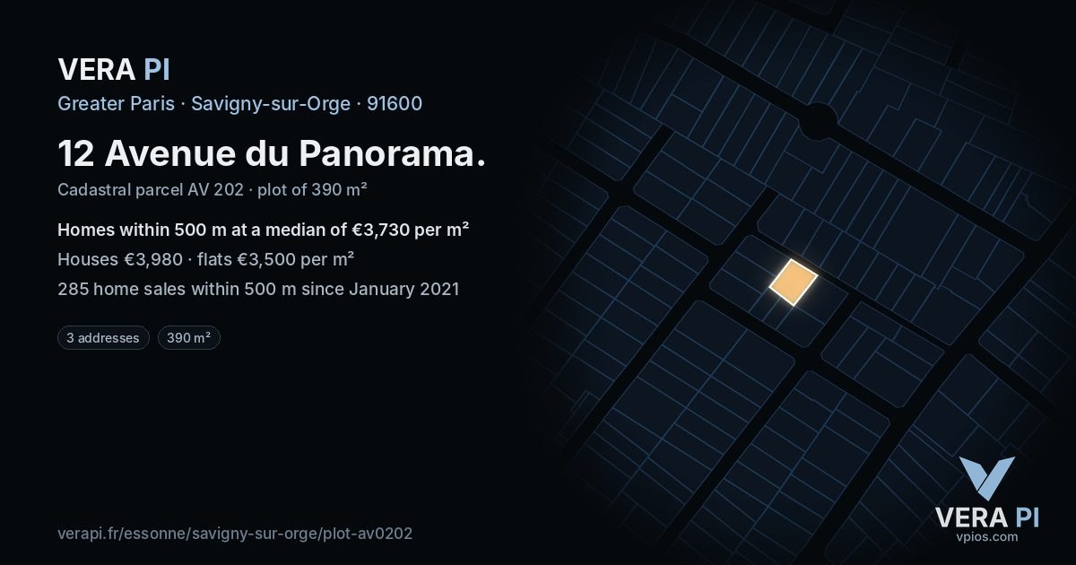 12 Avenue du Panorama, Savigny-sur-Orge at night – the plot lit, the parcels around coloured by the prices near them