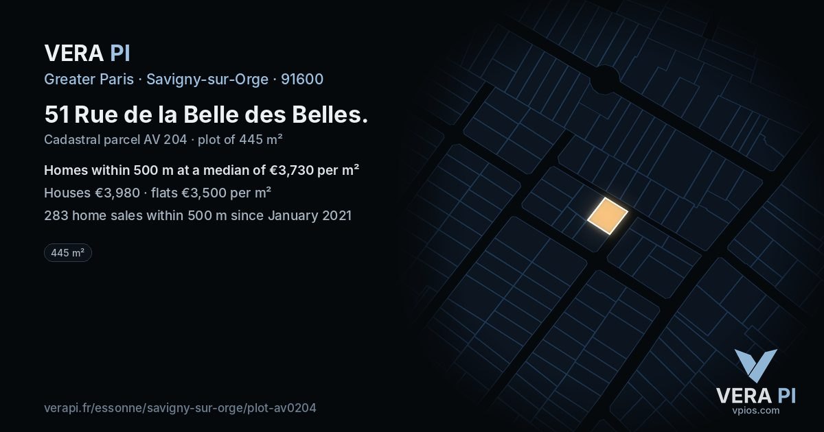 51 Rue de la Belle des Belles, Savigny-sur-Orge at night – the plot lit, the parcels around coloured by the prices near them