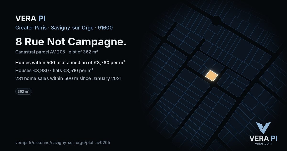 8 Rue Not Campagne, Savigny-sur-Orge at night – the plot lit, the parcels around coloured by the prices near them