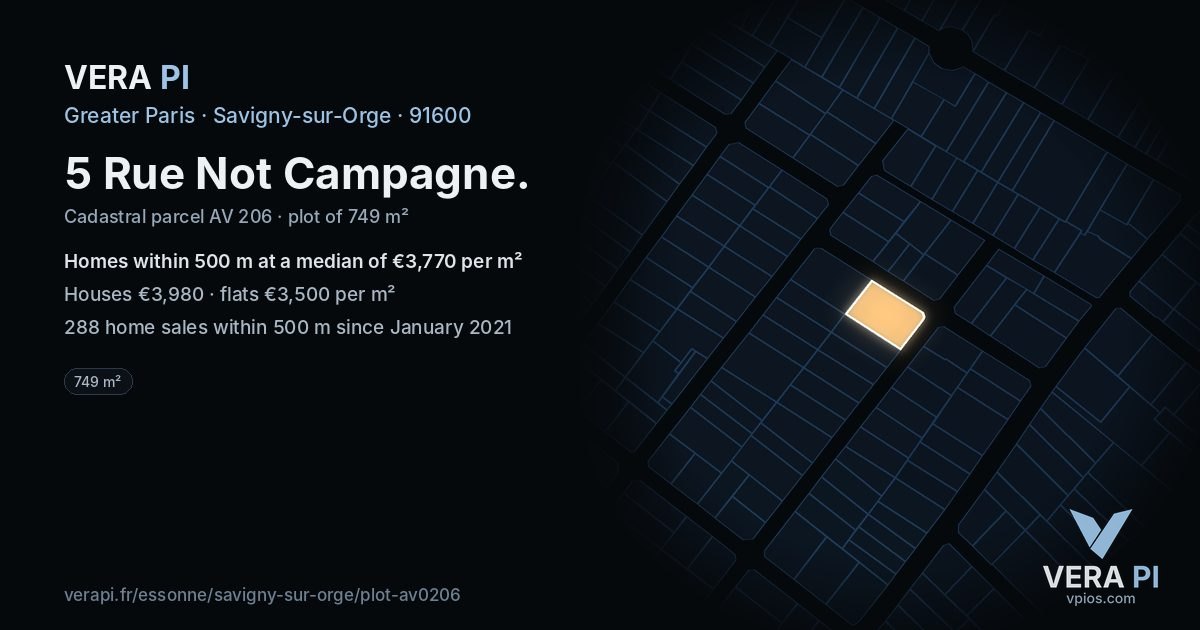 5 Rue Not Campagne, Savigny-sur-Orge at night – the plot lit, the parcels around coloured by the prices near them