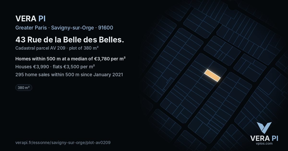 43 Rue de la Belle des Belles, Savigny-sur-Orge at night – the plot lit, the parcels around coloured by the prices near them