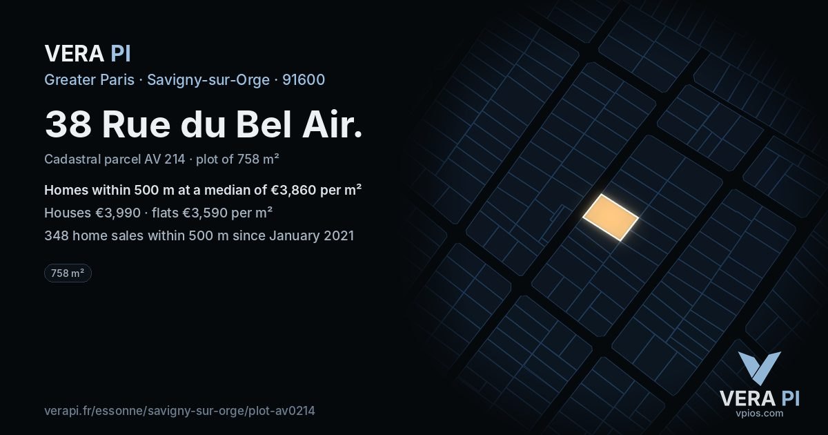 38 Rue du Bel Air, Savigny-sur-Orge at night – the plot lit, the parcels around coloured by the prices near them