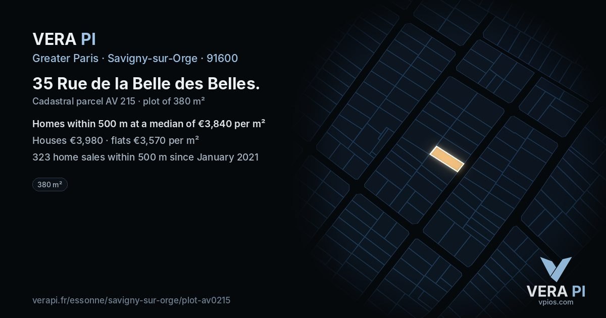 35 Rue de la Belle des Belles, Savigny-sur-Orge at night – the plot lit, the parcels around coloured by the prices near them