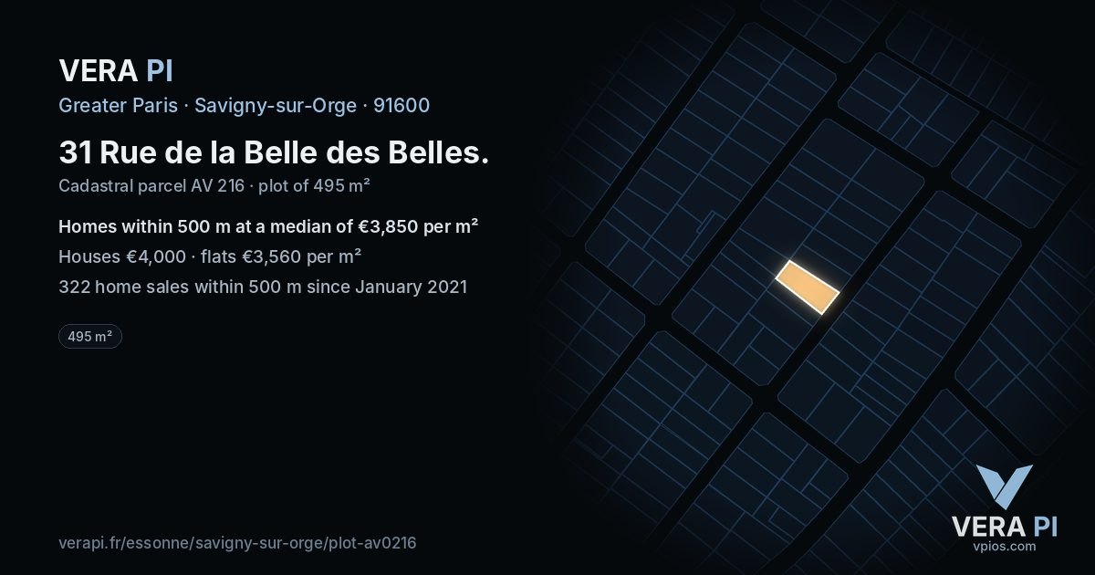 31 Rue de la Belle des Belles, Savigny-sur-Orge at night – the plot lit, the parcels around coloured by the prices near them