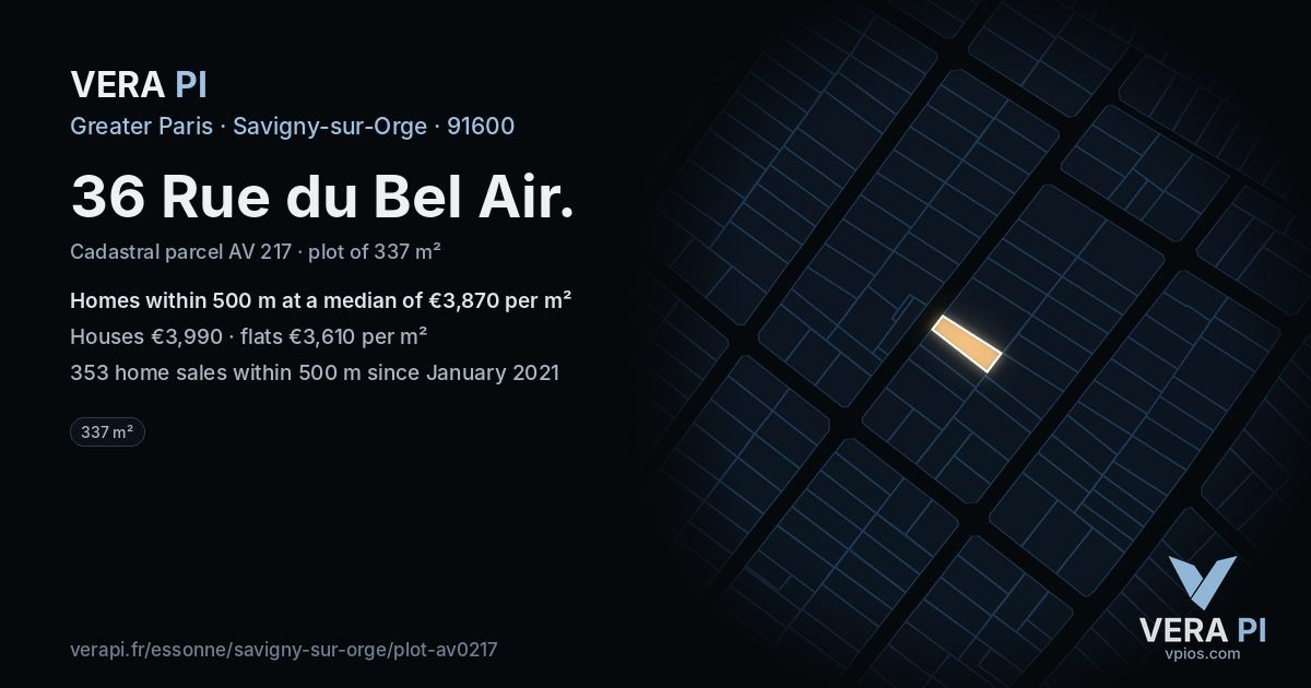 36 Rue du Bel Air, Savigny-sur-Orge at night – the plot lit, the parcels around coloured by the prices near them