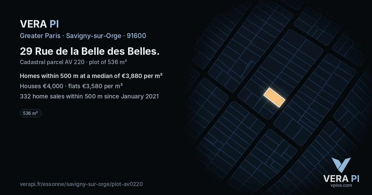 29 Rue de la Belle des Belles, Savigny-sur-Orge at night – the plot lit, the parcels around coloured by the prices near them