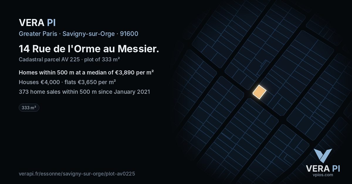 14 Rue de l'Orme au Messier, Savigny-sur-Orge at night – the plot lit, the parcels around coloured by the prices near them