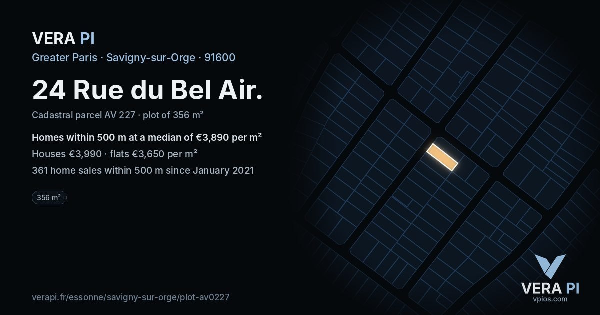 24 Rue du Bel Air, Savigny-sur-Orge at night – the plot lit, the parcels around coloured by the prices near them