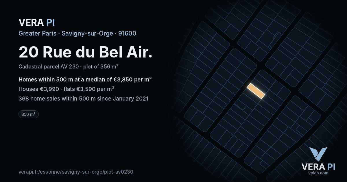 20 Rue du Bel Air, Savigny-sur-Orge at night – the plot lit, the parcels around coloured by the prices near them
