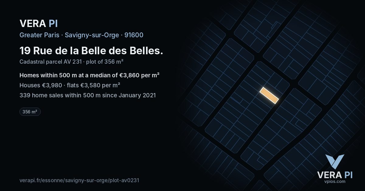 19 Rue de la Belle des Belles, Savigny-sur-Orge at night – the plot lit, the parcels around coloured by the prices near them