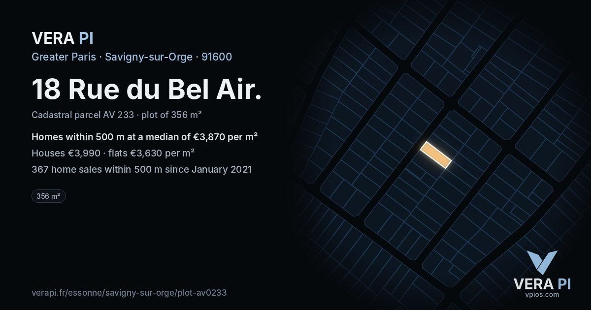 18 Rue du Bel Air, Savigny-sur-Orge at night – the plot lit, the parcels around coloured by the prices near them
