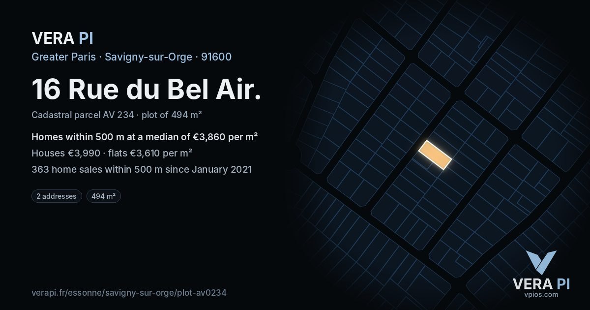 16 Rue du Bel Air, Savigny-sur-Orge at night – the plot lit, the parcels around coloured by the prices near them