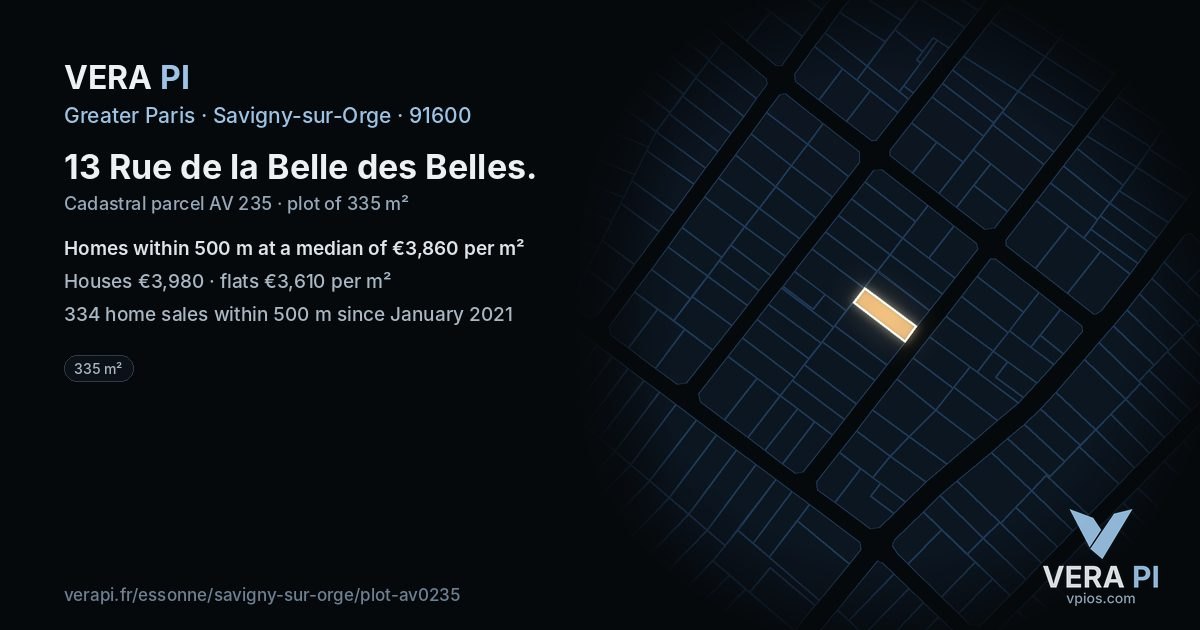 13 Rue de la Belle des Belles, Savigny-sur-Orge at night – the plot lit, the parcels around coloured by the prices near them