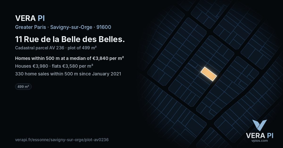 11 Rue de la Belle des Belles, Savigny-sur-Orge at night – the plot lit, the parcels around coloured by the prices near them