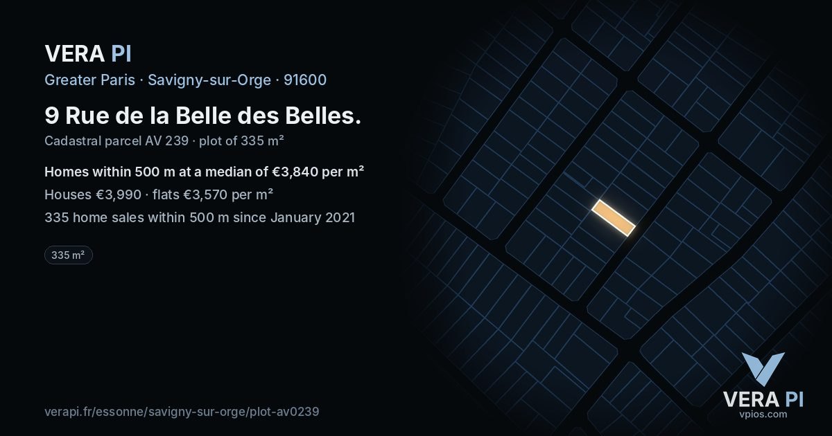 9 Rue de la Belle des Belles, Savigny-sur-Orge at night – the plot lit, the parcels around coloured by the prices near them