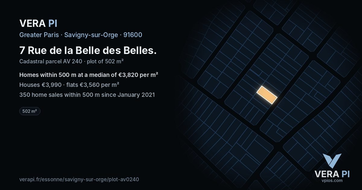 7 Rue de la Belle des Belles, Savigny-sur-Orge at night – the plot lit, the parcels around coloured by the prices near them