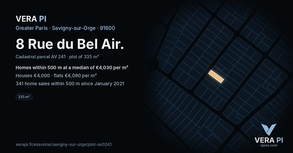 8 Rue du Bel Air, Savigny-sur-Orge at night – the plot lit, the parcels around coloured by the prices near them