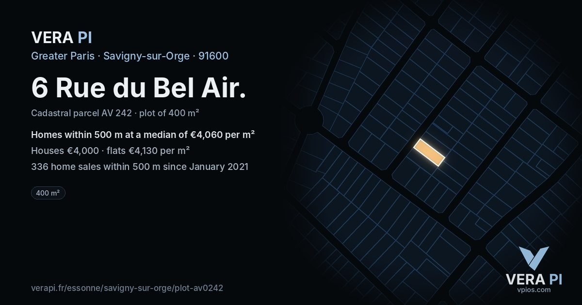 6 Rue du Bel Air, Savigny-sur-Orge at night – the plot lit, the parcels around coloured by the prices near them