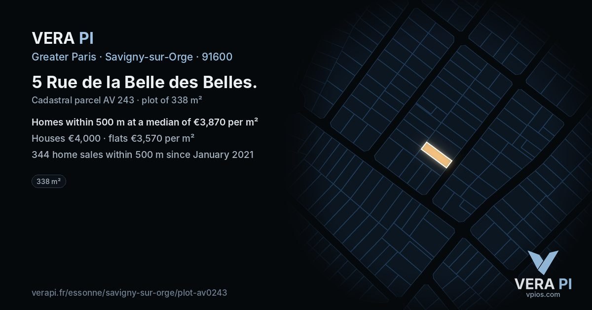 5 Rue de la Belle des Belles, Savigny-sur-Orge at night – the plot lit, the parcels around coloured by the prices near them
