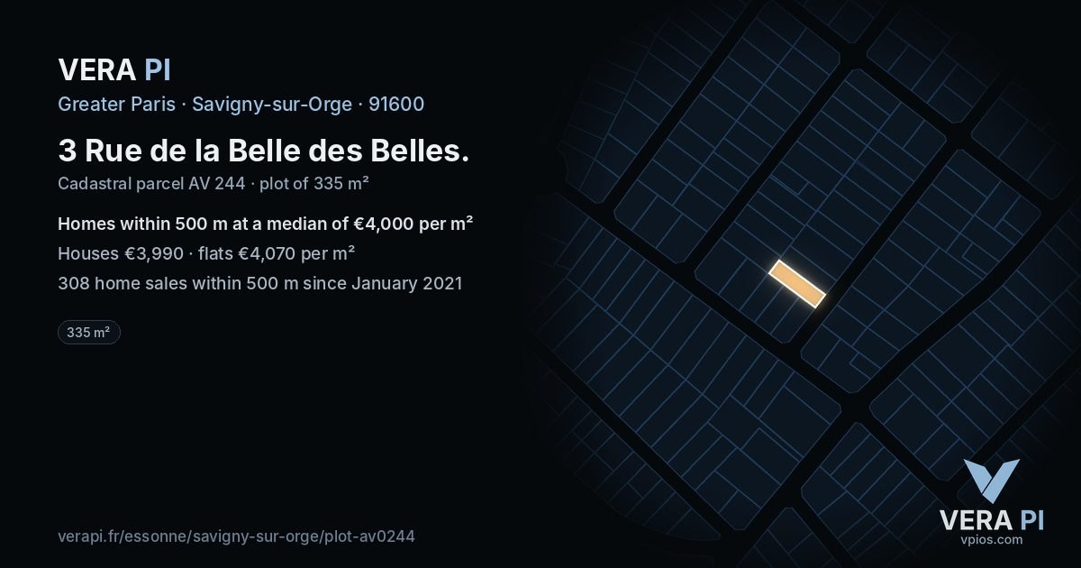 3 Rue de la Belle des Belles, Savigny-sur-Orge at night – the plot lit, the parcels around coloured by the prices near them