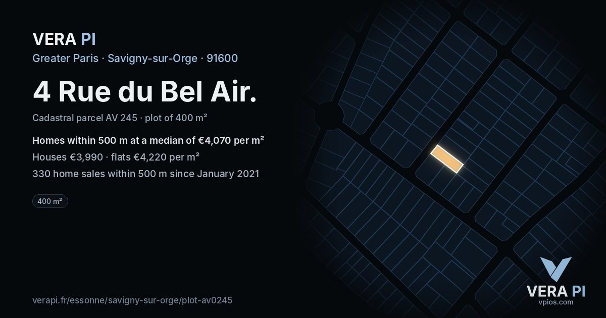 4 Rue du Bel Air, Savigny-sur-Orge at night – the plot lit, the parcels around coloured by the prices near them