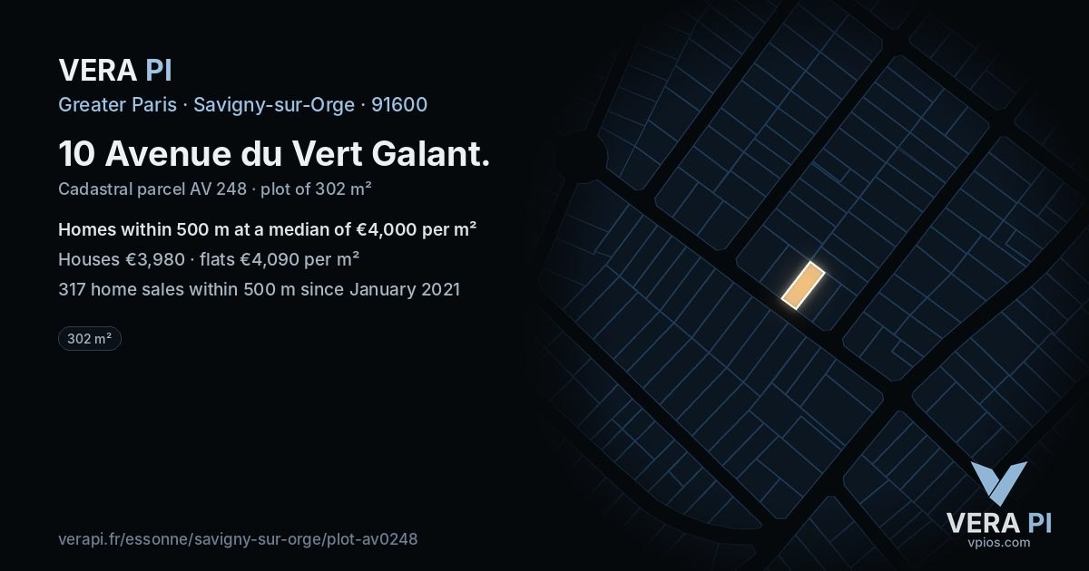 10 Avenue du Vert Galant, Savigny-sur-Orge at night – the plot lit, the parcels around coloured by the prices near them