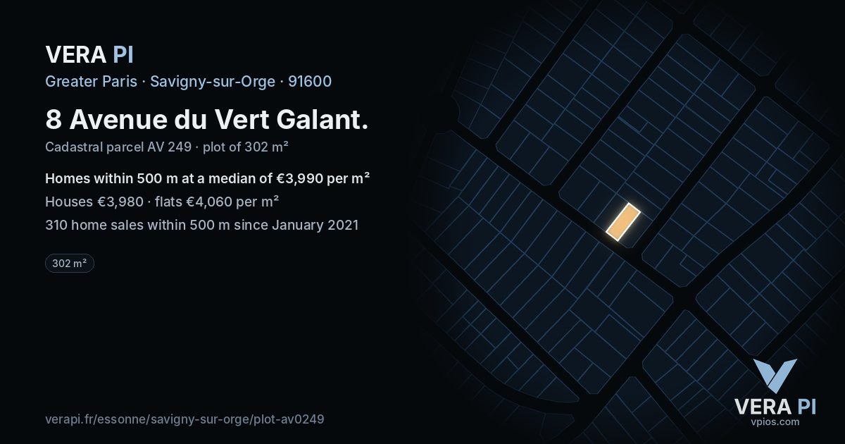 8 Avenue du Vert Galant, Savigny-sur-Orge at night – the plot lit, the parcels around coloured by the prices near them