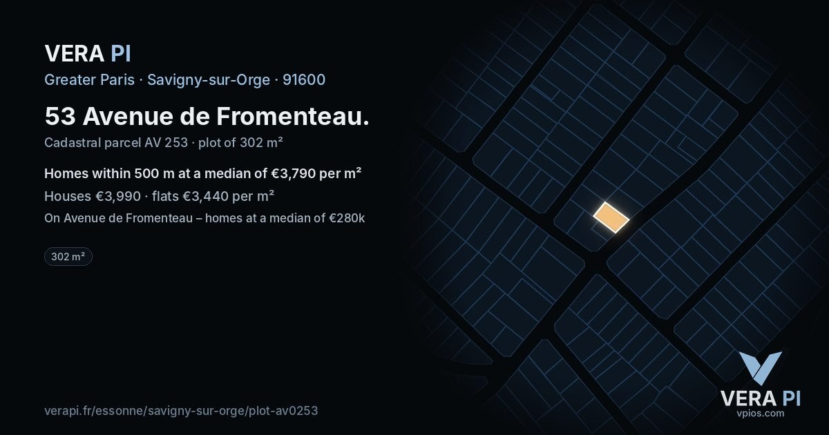 53 Avenue de Fromenteau, Savigny-sur-Orge at night – the plot lit, the parcels around coloured by the prices near them