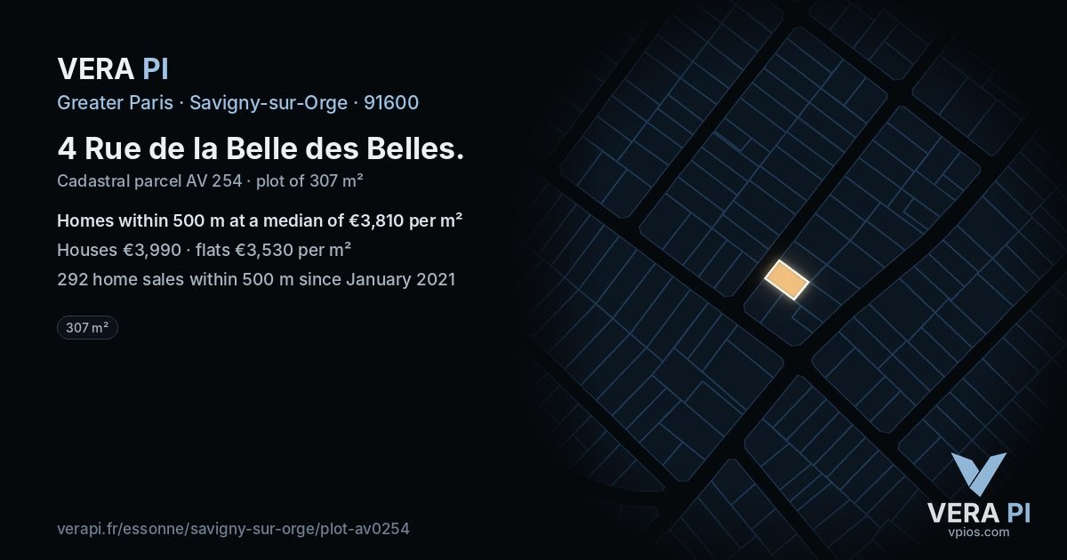 4 Rue de la Belle des Belles, Savigny-sur-Orge at night – the plot lit, the parcels around coloured by the prices near them